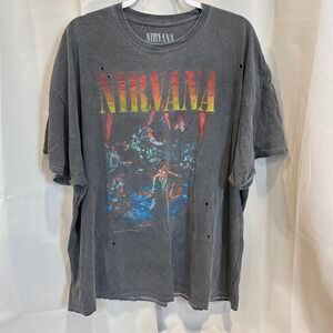 Nirvana Distressed Graphic T Shirt Mens 3XL Y2K Rock Gray Short Sleeve 19356